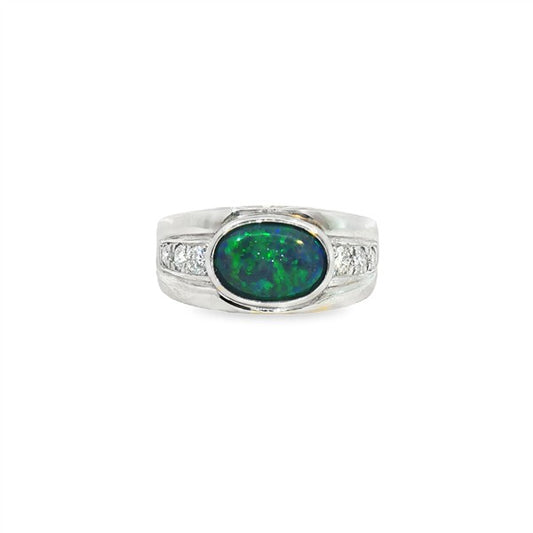 Platinum East West Oval Black Opal Fashion Ring