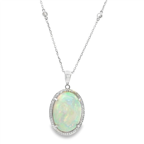 14K Ethiopian Opal Oval Diamond Halo Pendant