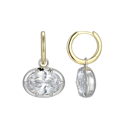 Sterling Silver East West Oval CZ Drop Huggie Earrings