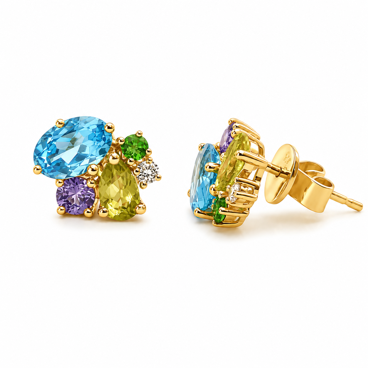 14K Multi-Gemstone Cluster Stud Earrings
