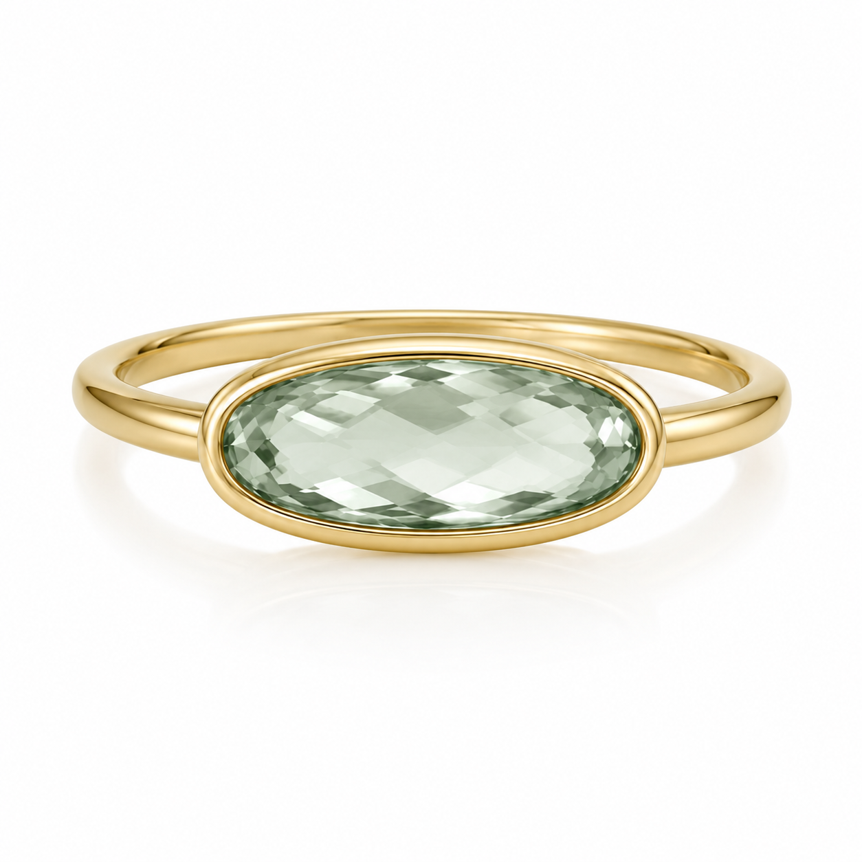 14K East-West Bezel-Set Elongated Oval Prasiolite Fashion Ring