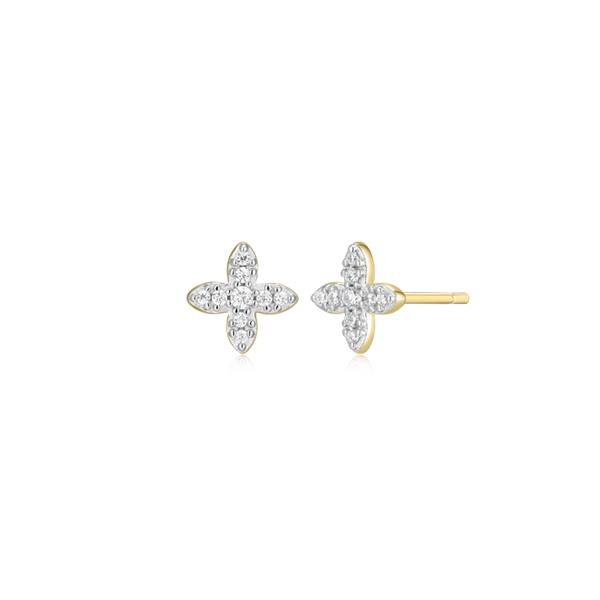 14K Gold Plated Polished Four Leaf Flower Stud Earrings