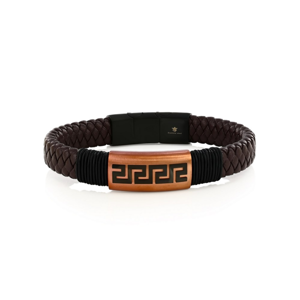 Brown Braided Leather Greek Key Bracelet