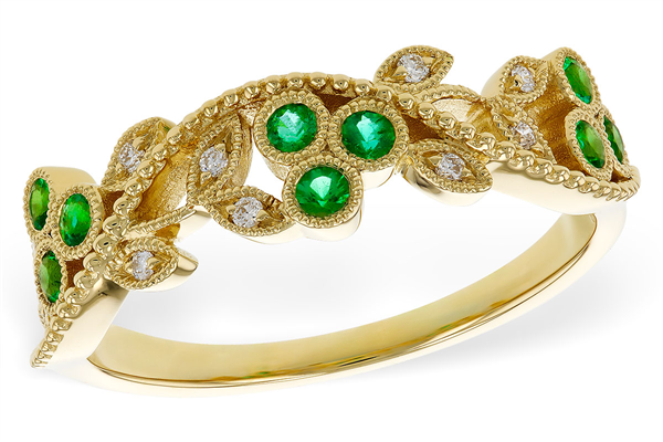 14K Floral Milgrain Emerald & Diamond Fashion Ring