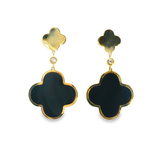 14K Bezel Black Onyx Clover Dangle Earrings