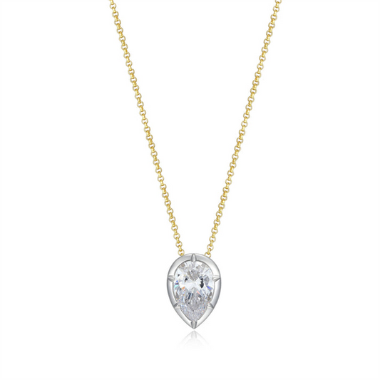 Two Tone Six-Prong Bezel Solitiare Pear CZ Pendant