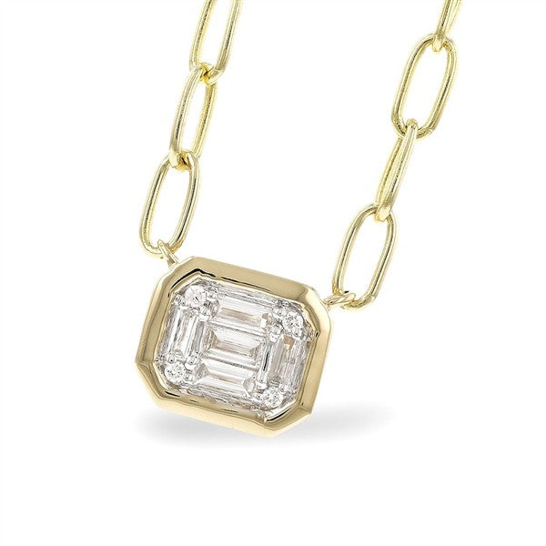 14K Bezel Faux Emerald-Cut Cluster Diamond Paperclip Necklace