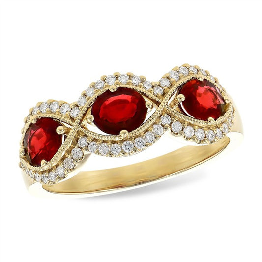 14K Three Stone Oval Ruby & Diamond Fashion Ring