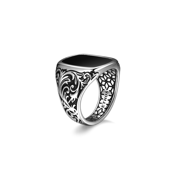 Sterling Silver Chisel Filigree Black Agate Cushion Ring
