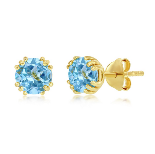 Gold Plated "March" Created Aquamarine Double Prong Stud Earrings