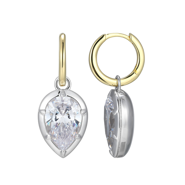 Sterling Silver Pear CZ Drop Huggie Earrings