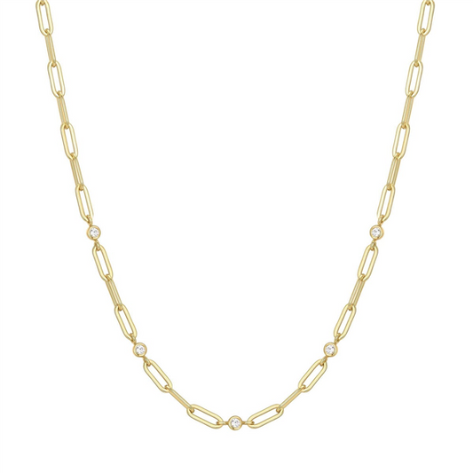 14K Gold Plated Paperclip Bezel Station CZ Necklace