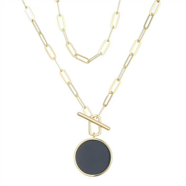 14K Gold Plated Black Agate Coin Paperclip Necklace