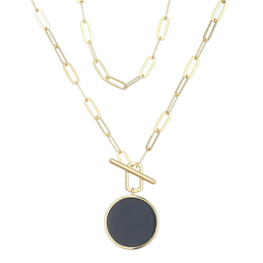 14K Gold Plated Black Agate Coin Paperclip Necklace