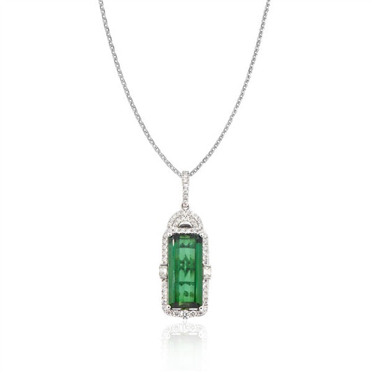 14K Deco Halo Emerald-Cut Green Tourmaline Pendant