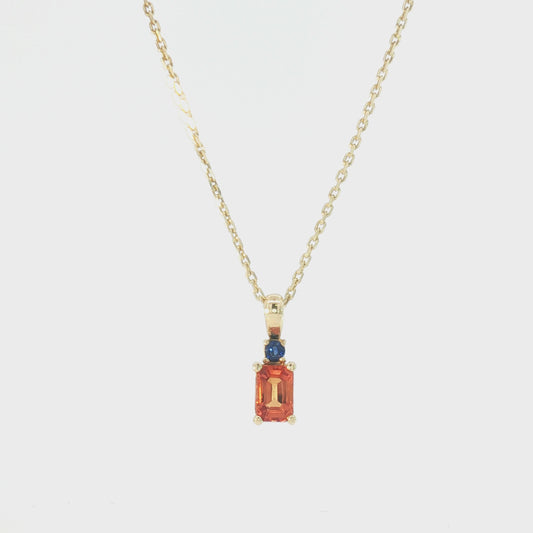 14K "ILLINI" Emerald-Cut Orange & Blue Sapphire Pendant