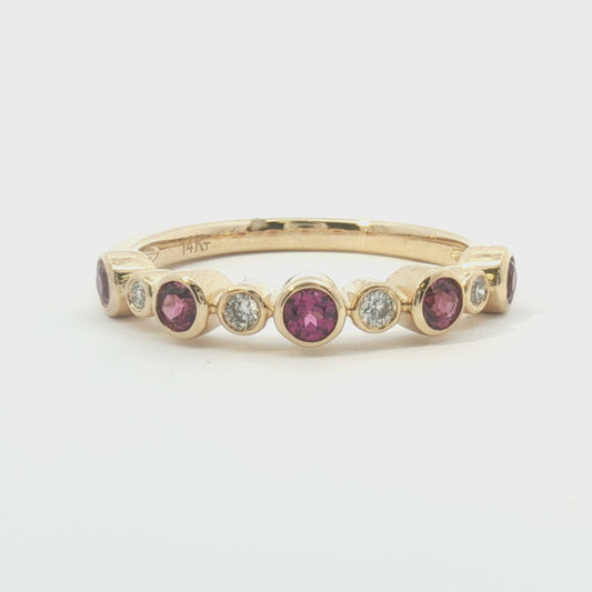 14K Bezel-Set Rhodolite Garnet & Diamond Alternating Band