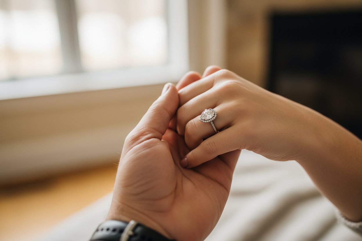 romantic closeup of an engaged couple's hands